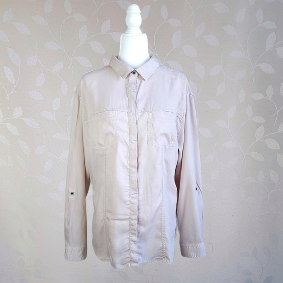 Prana Alda Relaxed Fit Button Down Roll Tab Slub Denim Top Dovetail Beige Large - Picture 2 of 16